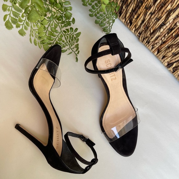 SCHUTZ black suede Ankle strap clear strap On top Sandal Size  6.5 womens - Picture 9 of 13